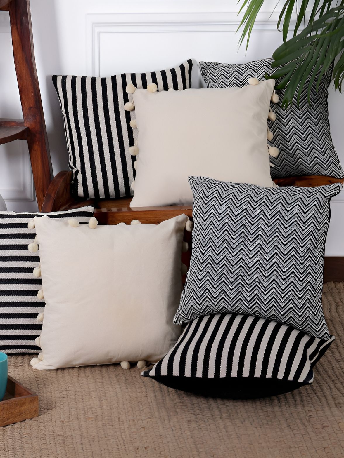 Black Striped Cotton Square Cushion Covers, Set of 7, view 4