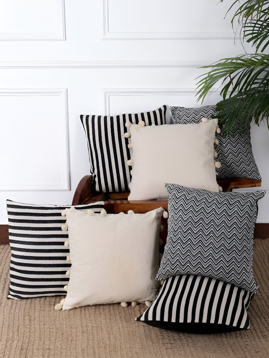 Black Striped Cotton Square Cushion Covers, Set of 7, view 1