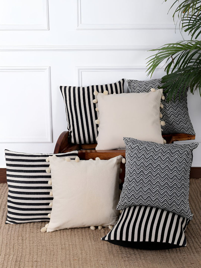 Black Striped Cotton Square Cushion Covers, Set of 7, view 1