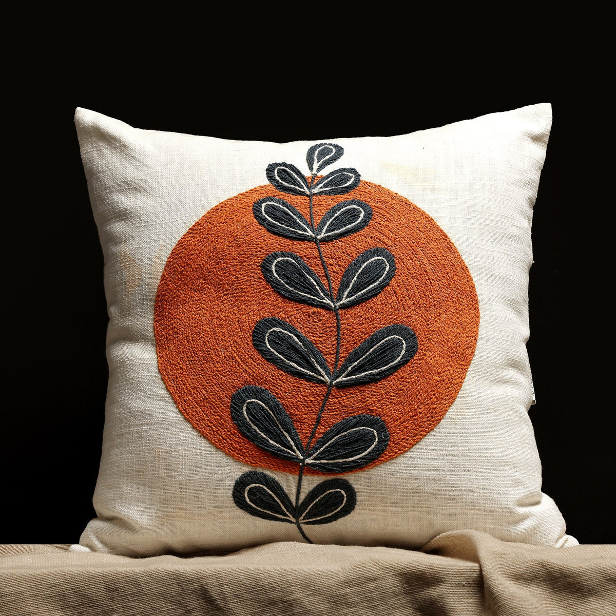 Modern Indie White & Orange Embroidered Square Cushion Cover, view 1