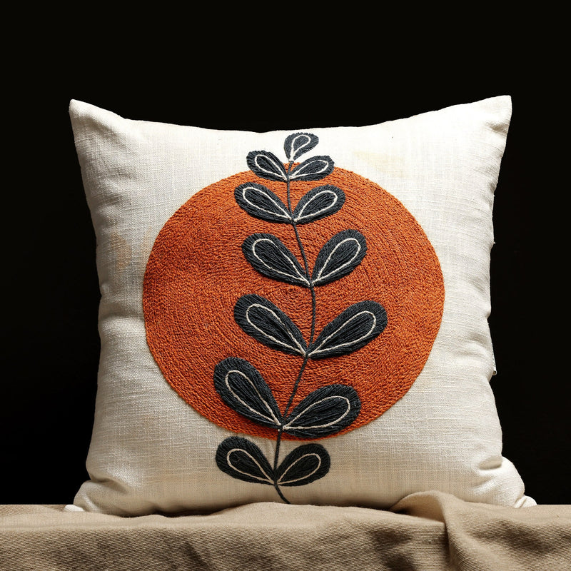 Modern Indie White & Orange Embroidered Square Cushion Cover, view 1