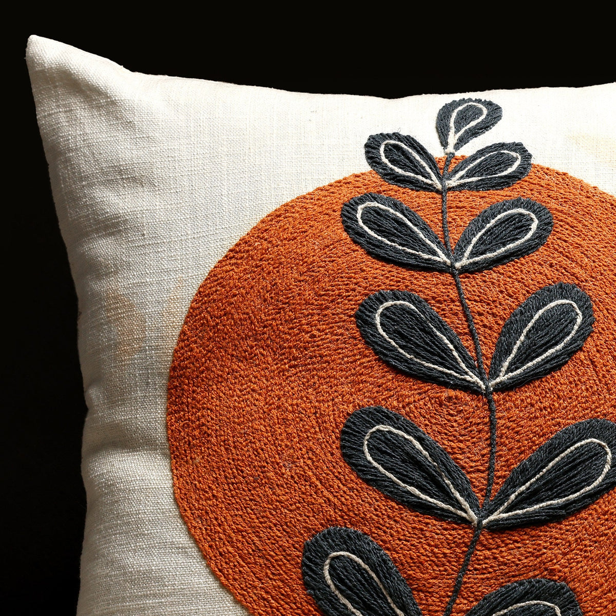Modern Indie White & Orange Embroidered Square Cushion Cover, view 3