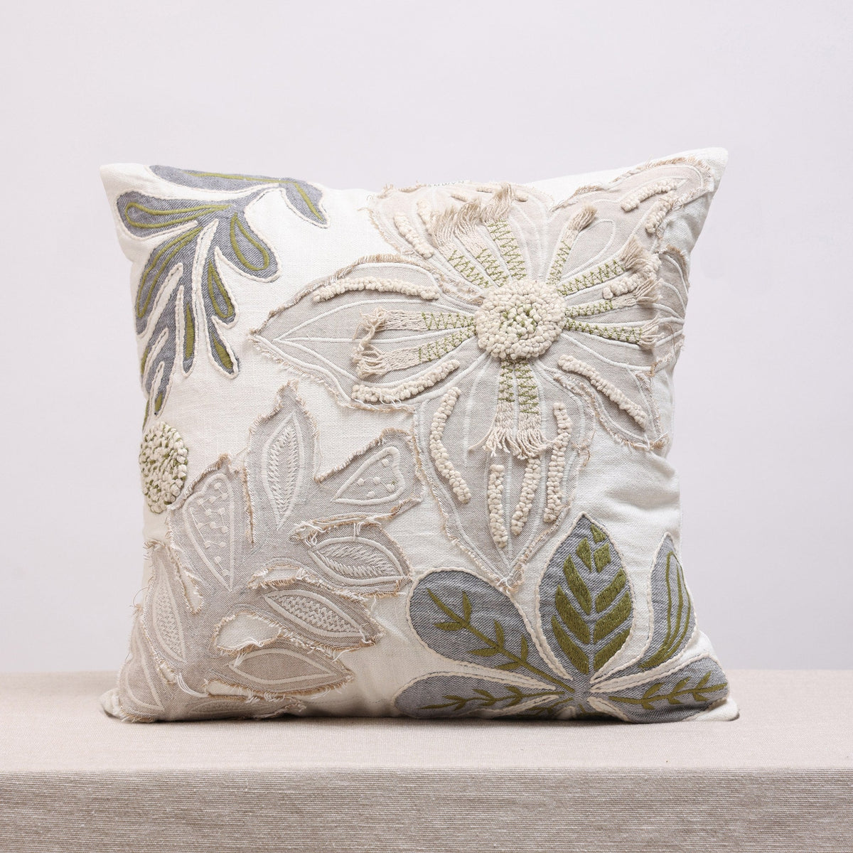 Beige Floral Embroidered Cotton Square Cushion Cover, view 1