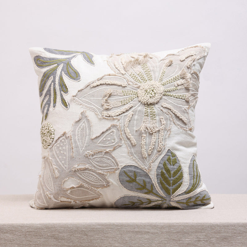 Beige Floral Embroidered Cotton Square Cushion Cover, view 1