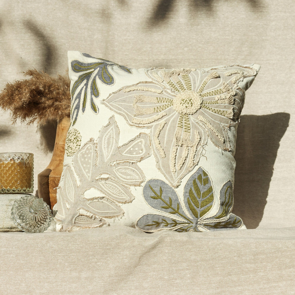 Beige Floral Embroidered Cotton Square Cushion Cover, view 3