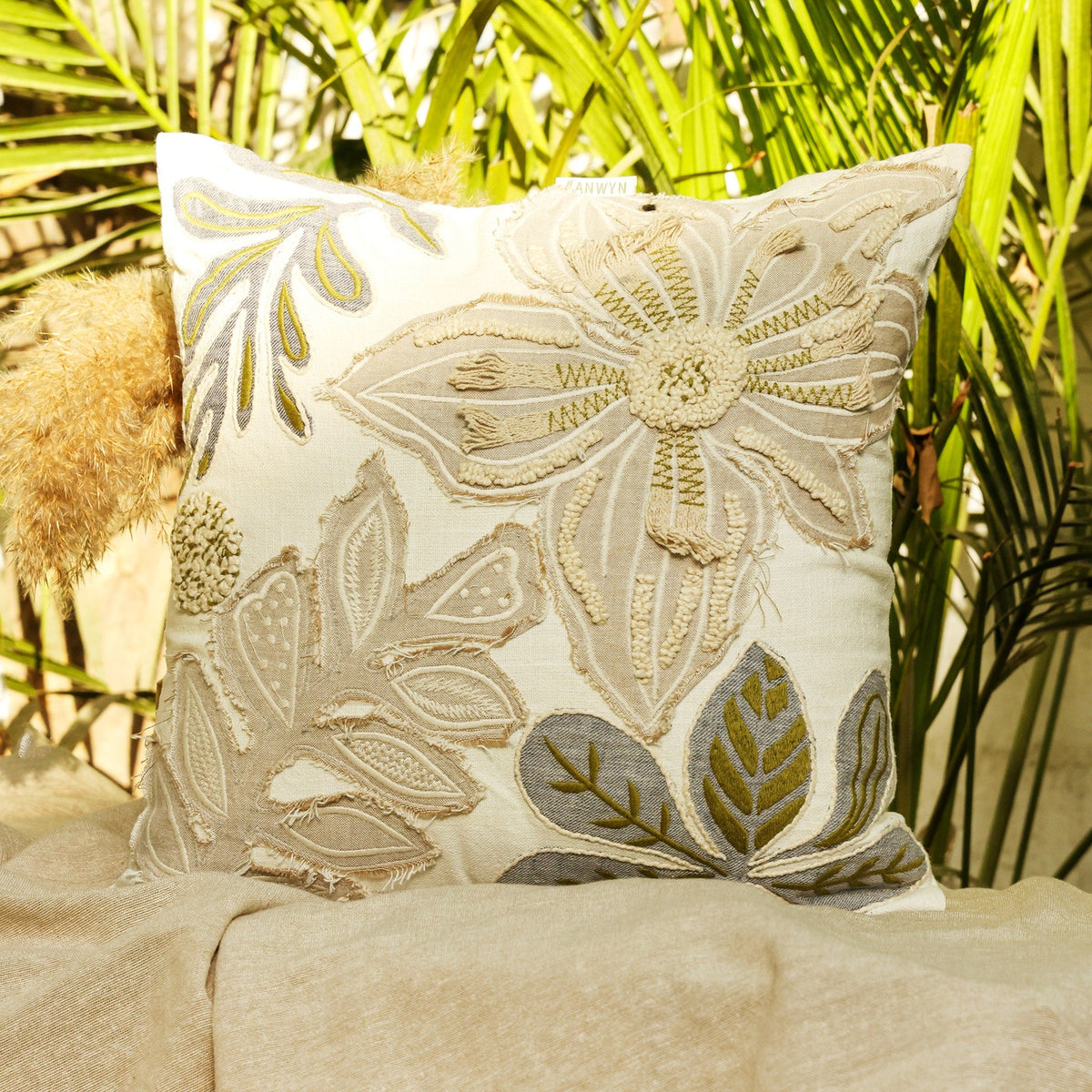Beige Floral Embroidered Cotton Square Cushion Cover, view 4
