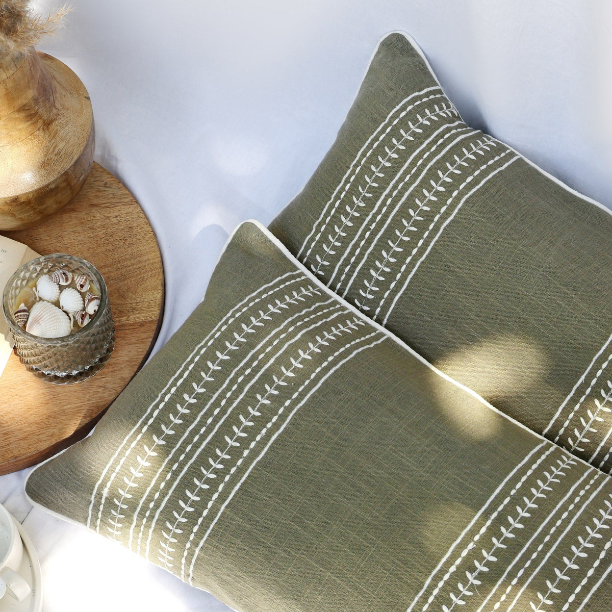 Olive Green Embroidered Rectangle Cushion Covers, Set of 2, view 1