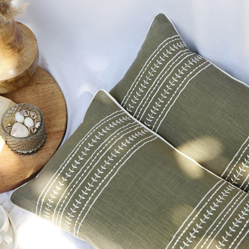 Olive Green Embroidered Rectangle Cushion Covers, Set of 2, view 1