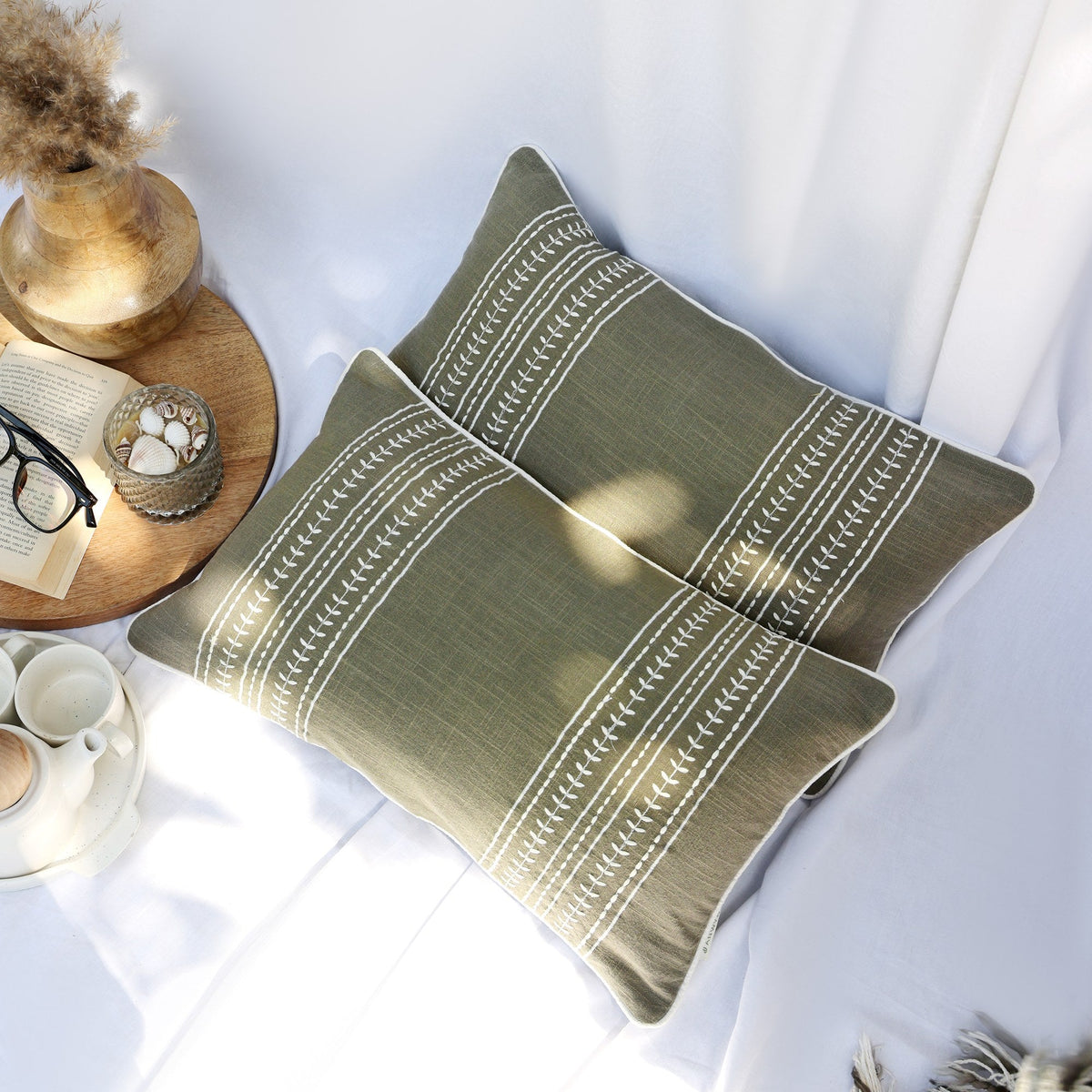 Olive Green Embroidered Rectangle Cushion Covers, Set of 2, view 2