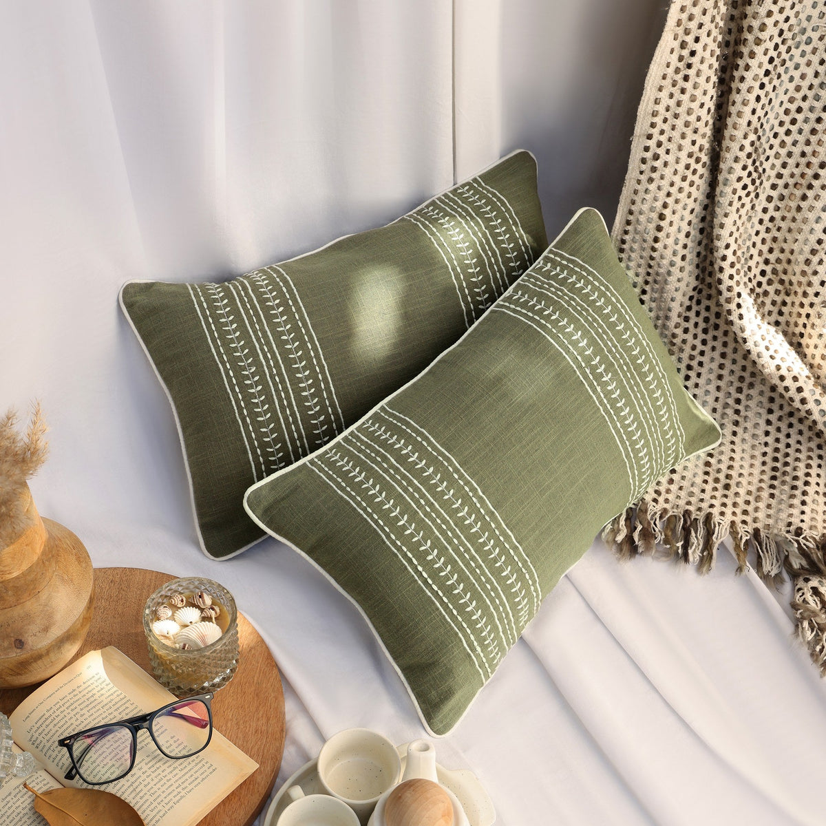 Olive Green Embroidered Rectangle Cushion Covers, Set of 2, view 3