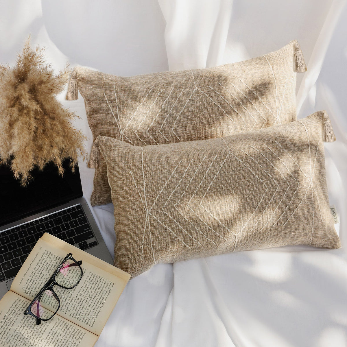 Brown Embroidered Cotton Rectangle Cushion Covers, Set of 2, view 2