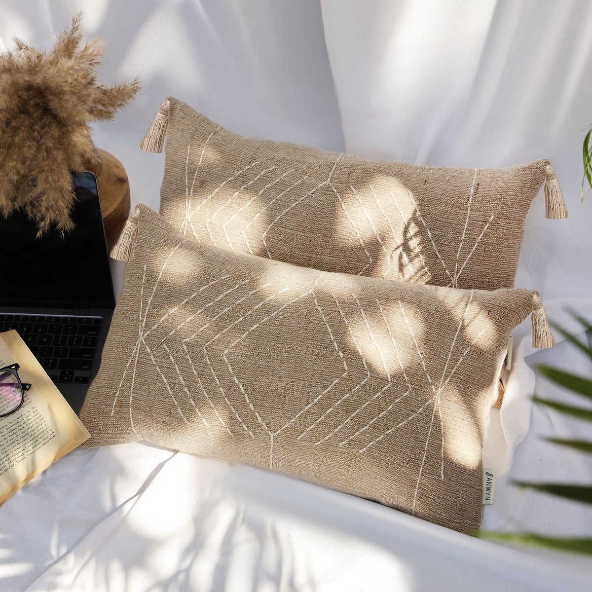Brown Embroidered Cotton Rectangle Cushion Covers, Set of 2, view 3