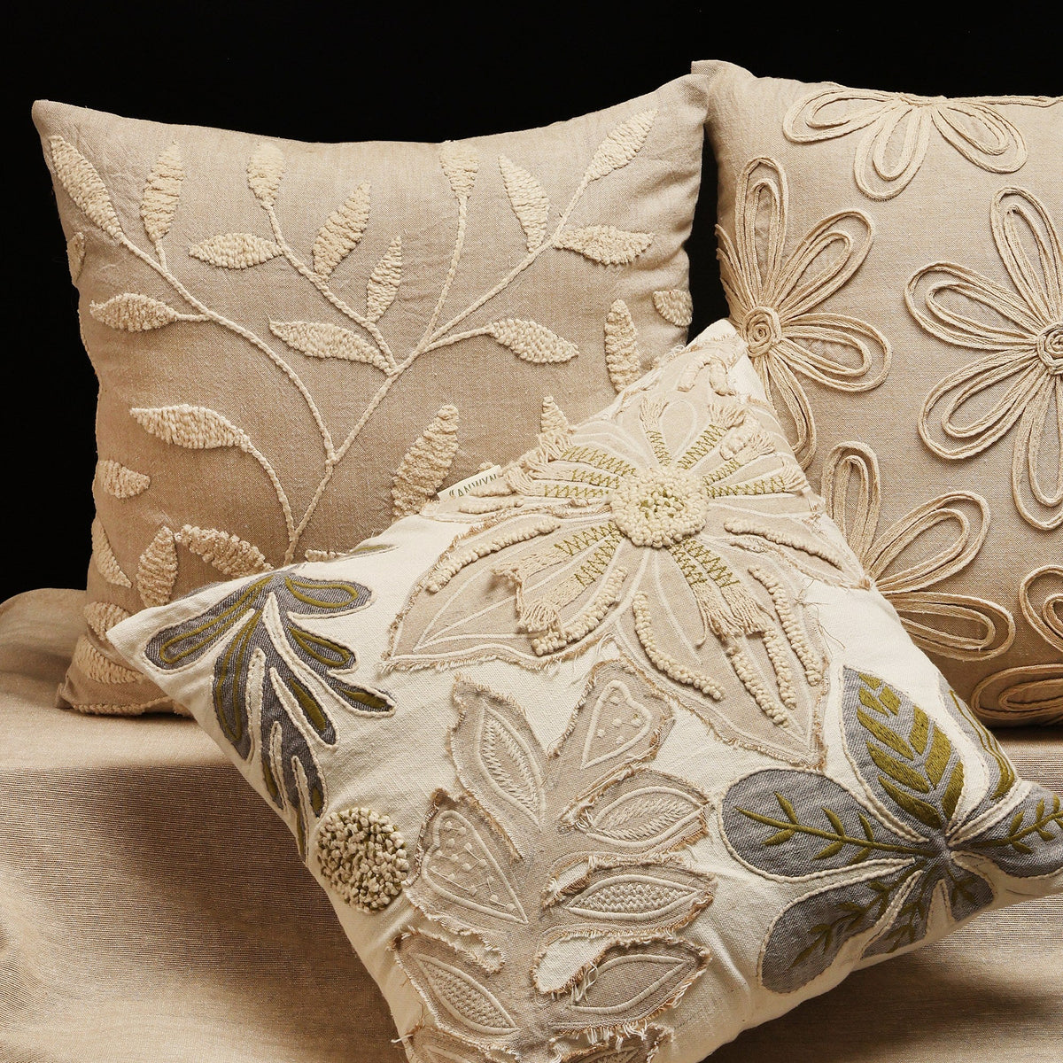 Modern Indie Beige & Brown Embroidered Cushion Covers, Set of 3, view 1