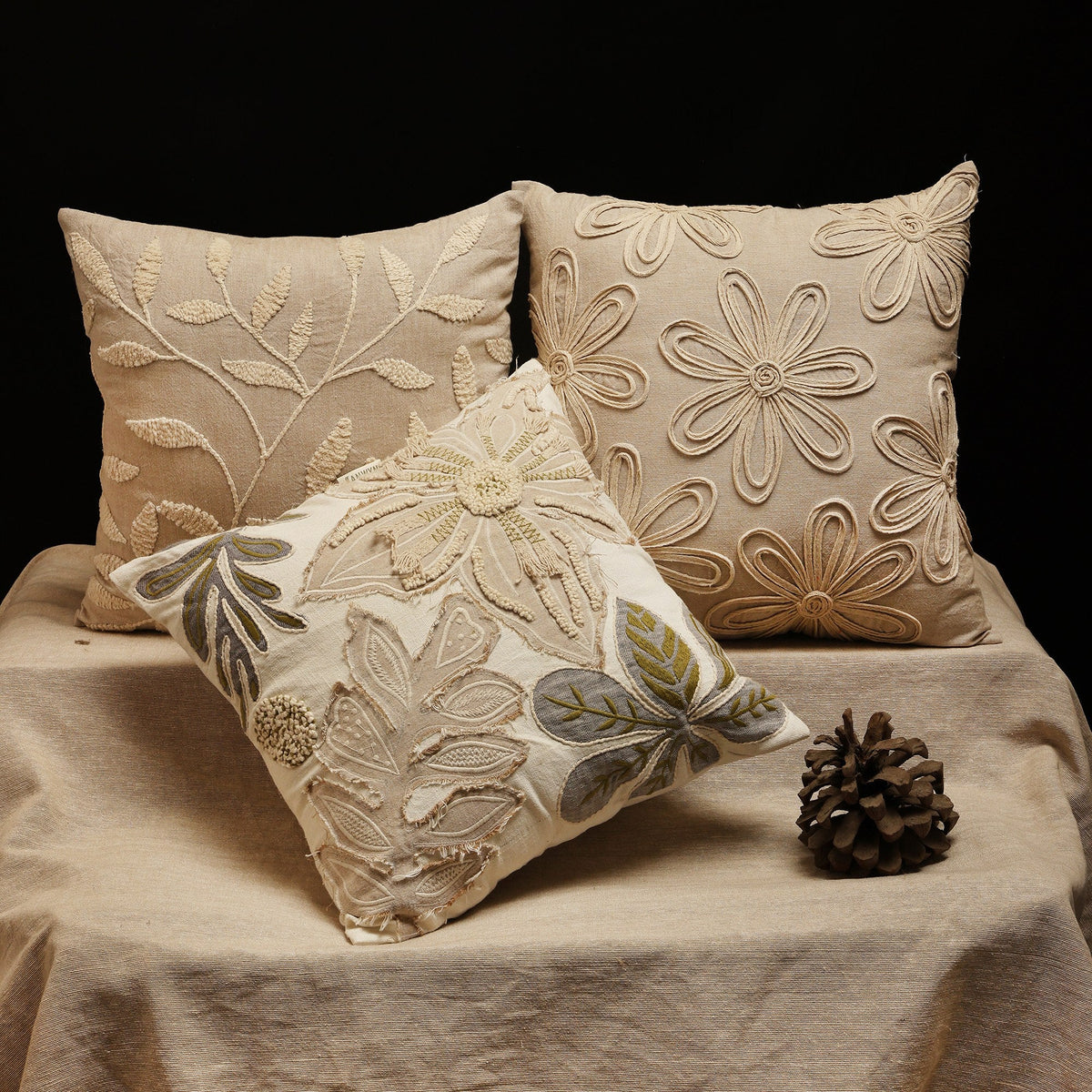 Modern Indie Beige & Brown Embroidered Cushion Covers, Set of 3, view 5