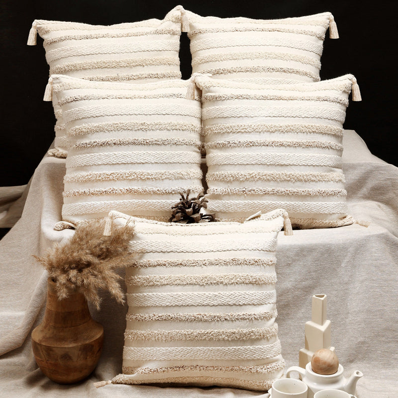 Tufted Tassel Embroidered Cotton Cushion Covers, Set of 5, view 1