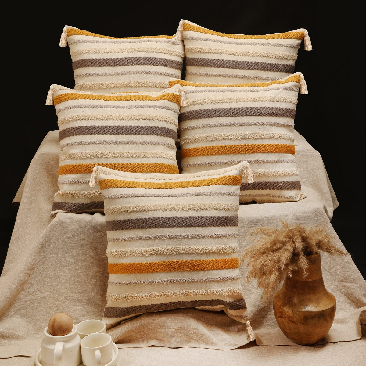 Modern Indie White & Grey Self Design Cushion Covers, Set of 5, view 2