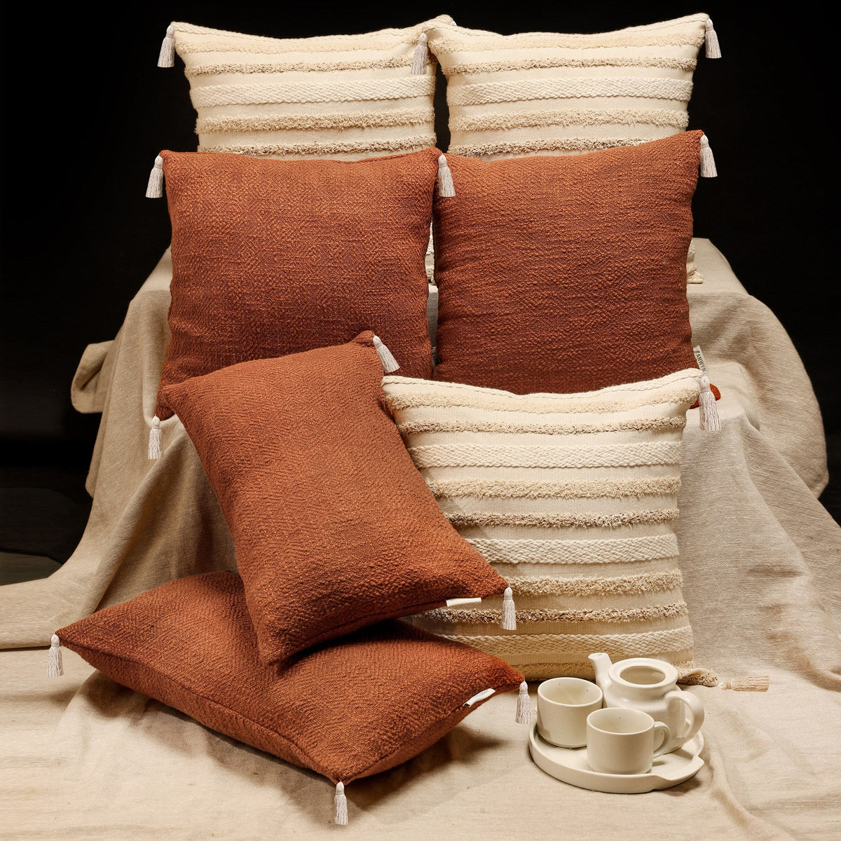 Brown Textured Self Design Cushion Covers, Set of 7, view 3