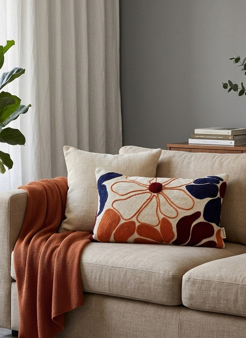 Beige & Orange Floral Rectangle Cushion Covers, view 1