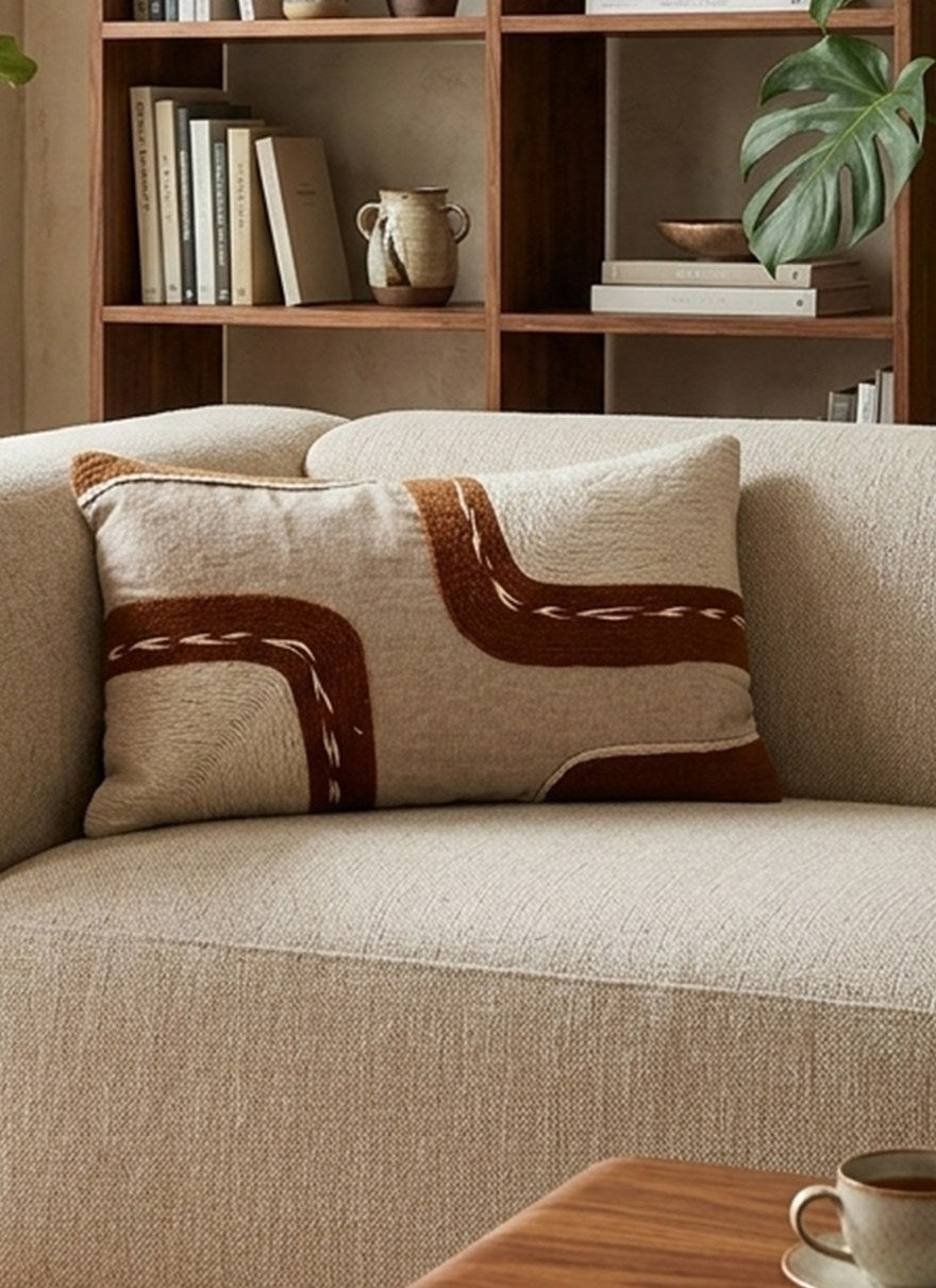 Beige & Brown Abstract Rectangle Cushion Covers, view 1