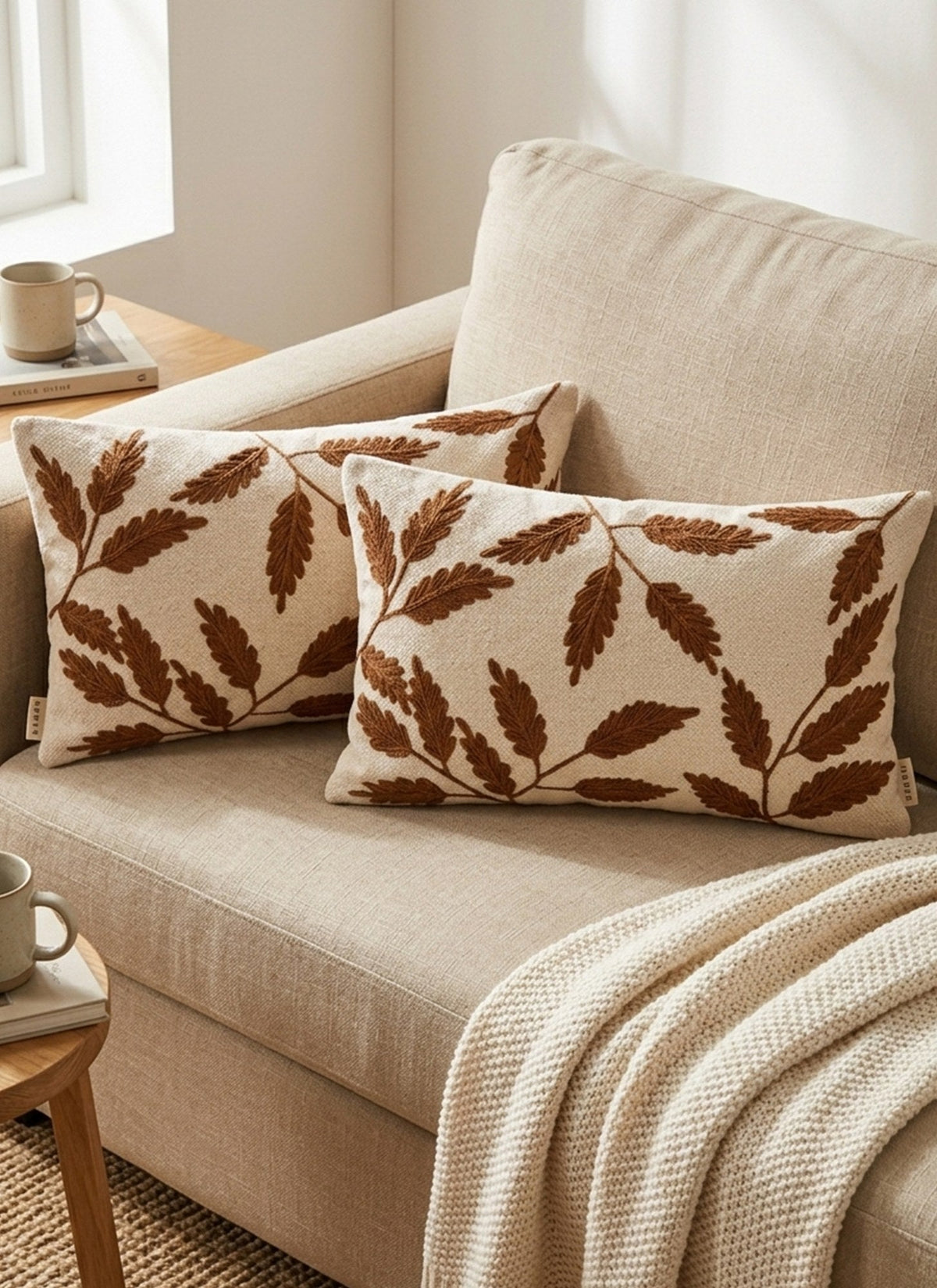 Beige & Brown Floral Rectangle Cushion Covers, Set of 2, view 1