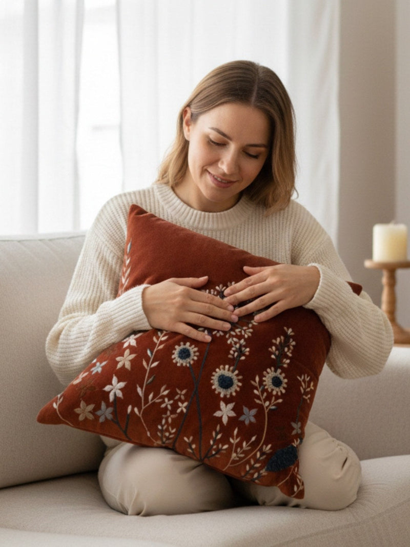 Rust & Multicolour Embroidered Velvet Square Cushion Covers, view 1