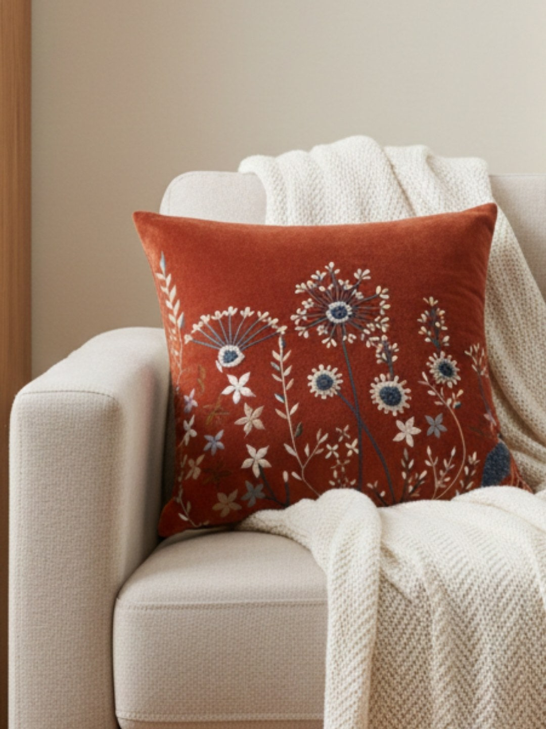 Rust & Multicolour Embroidered Velvet Square Cushion Covers, view 2
