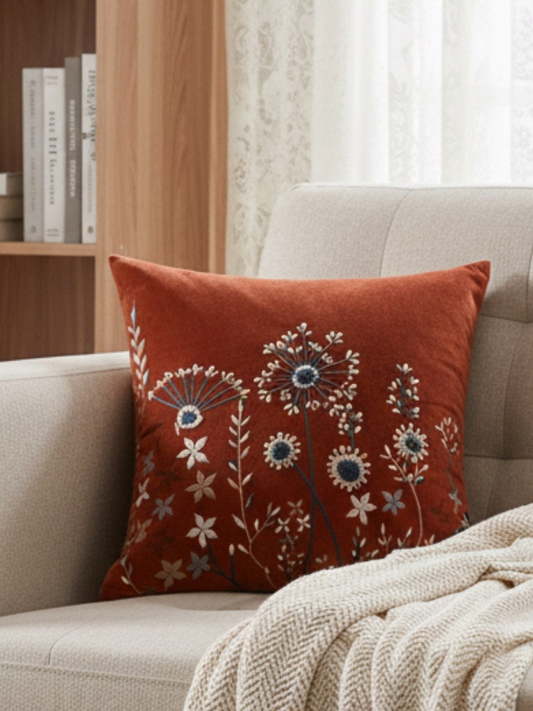Rust & Multicolour Embroidered Velvet Square Cushion Covers, view 3