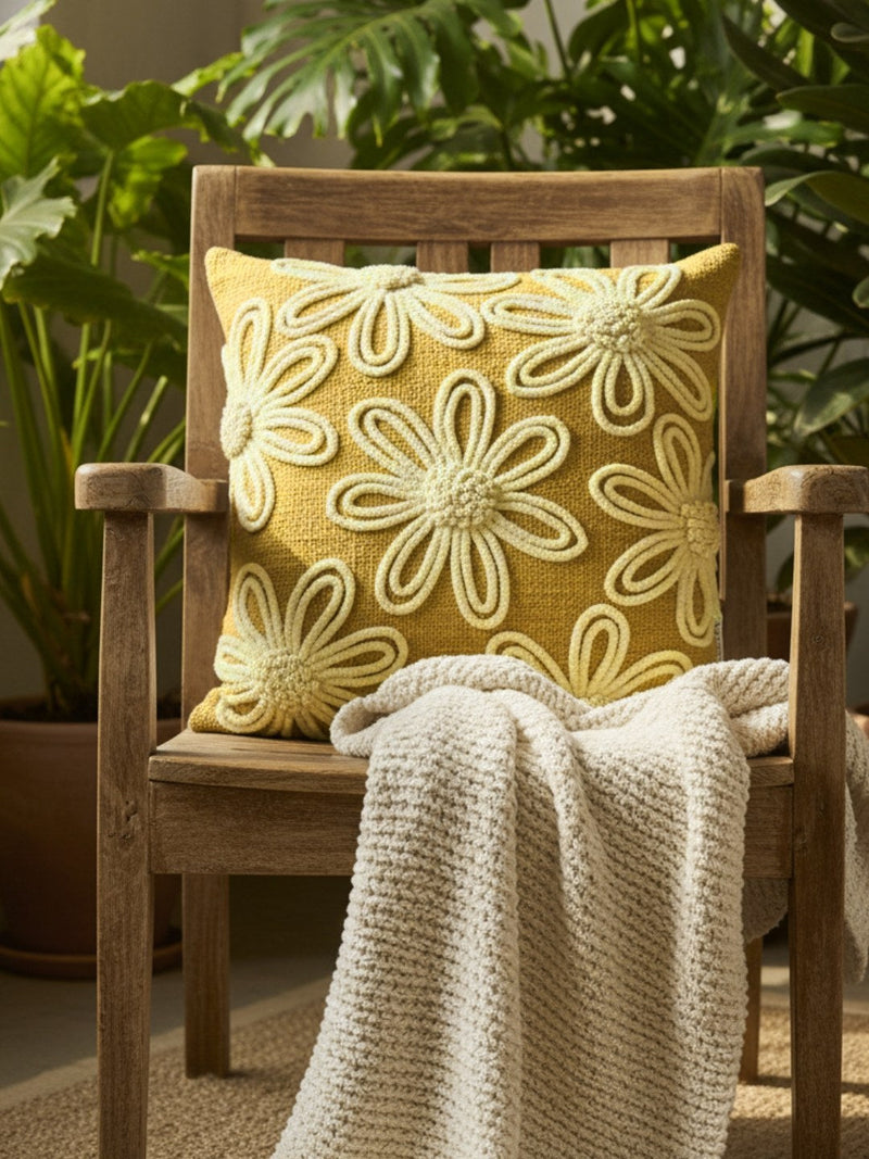 Mustard & Cream Floral Square Cushion Covers, view 1