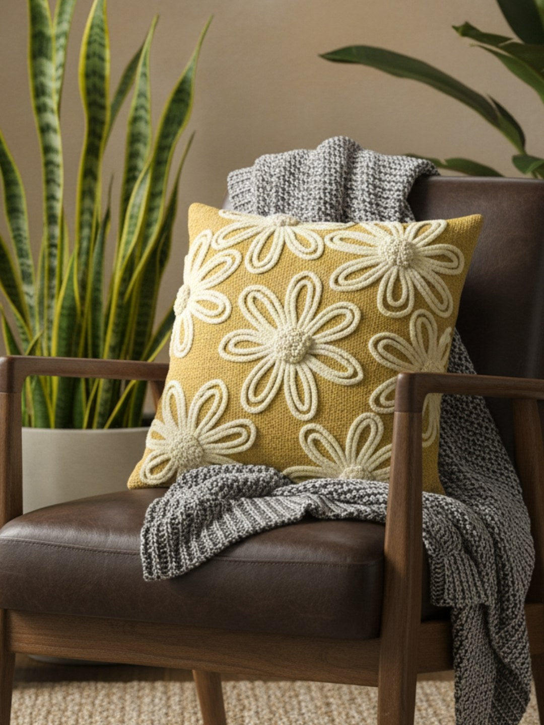 Mustard & Cream Floral Square Cushion Covers, view 2