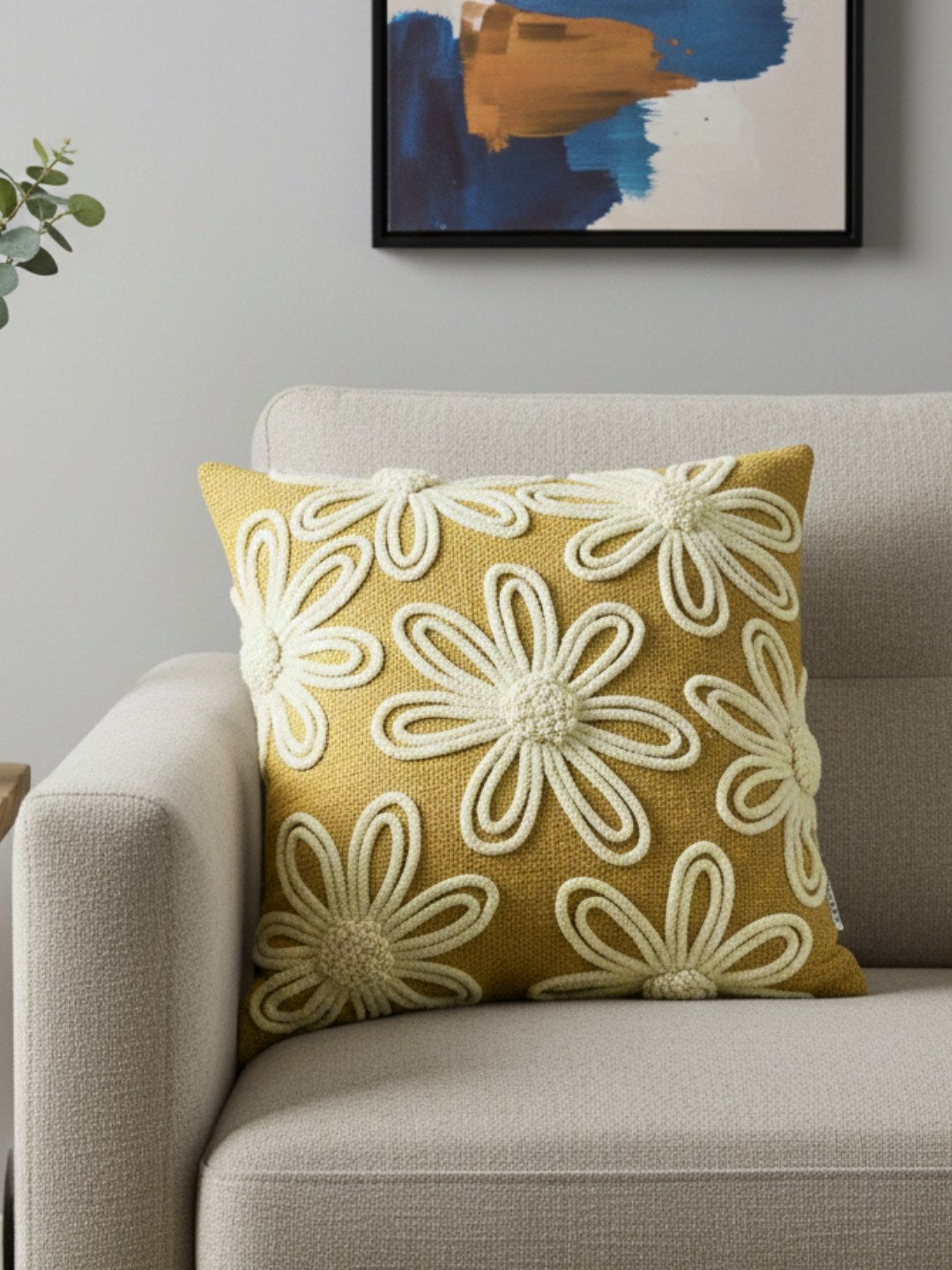 Mustard & Cream Floral Square Cushion Covers, view 3