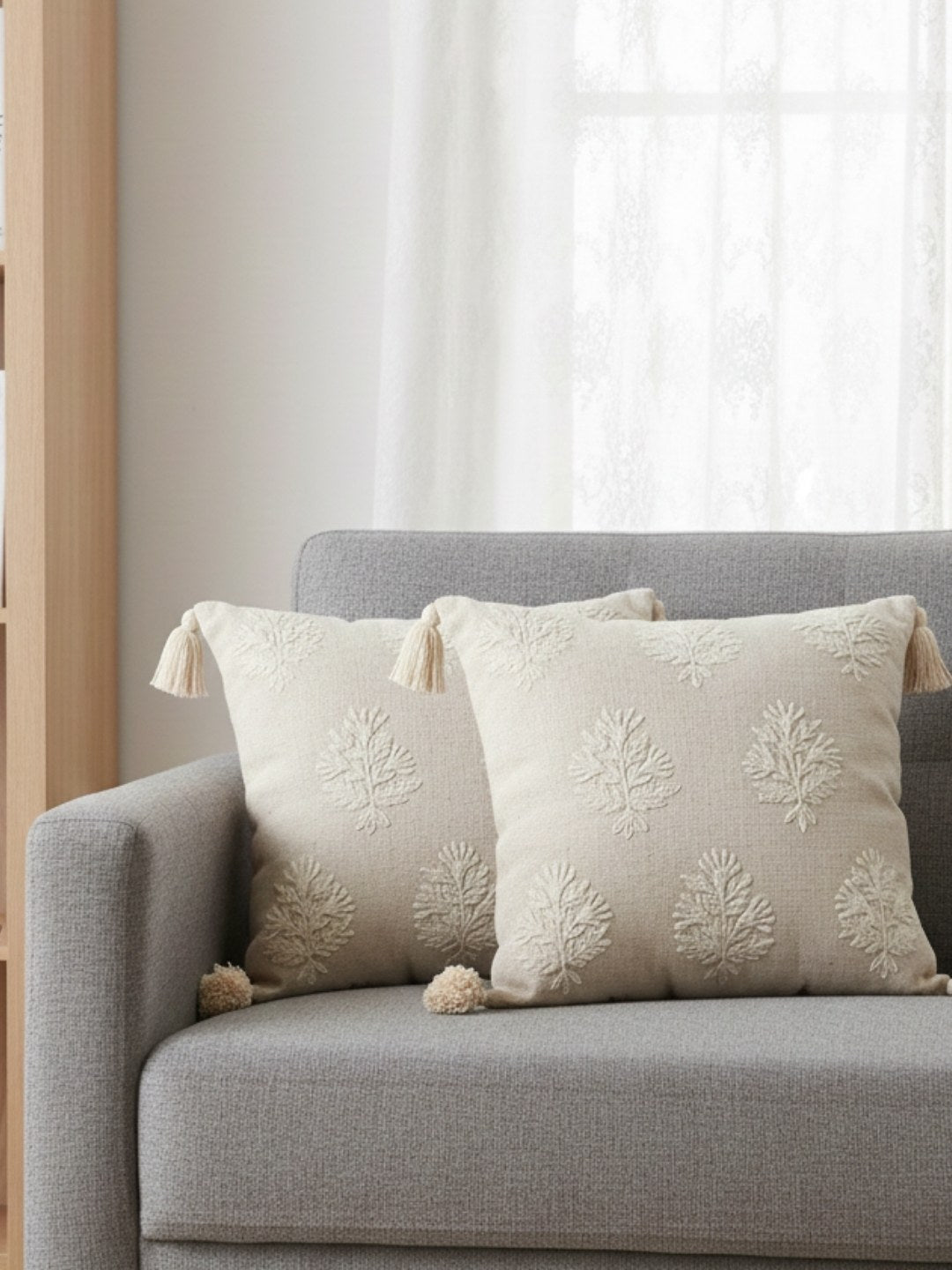 Beige & Cream Embroidered Square Cushion Covers, Set of 2, view 1