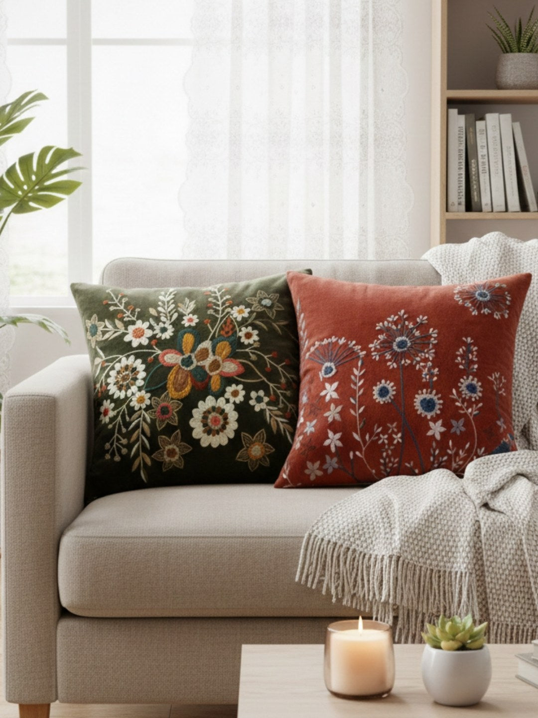 Olive Green & Rust Embroidered Velvet Cushion Covers, Set of 2, view 1