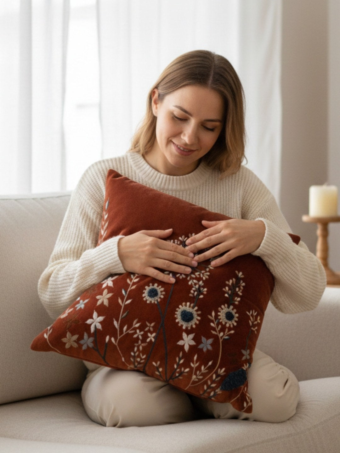 Olive Green & Rust Embroidered Velvet Cushion Covers, Set of 2, view 2