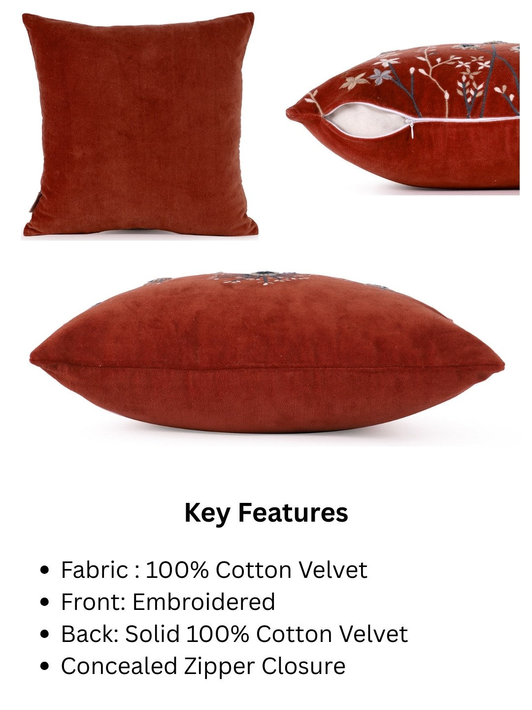 Olive Green & Rust Embroidered Velvet Cushion Covers, Set of 2, view 6