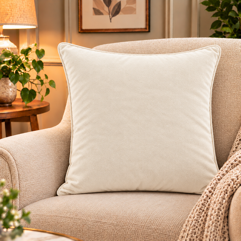 Solid beige velvet cushion cover 18x18 inch, single - main view