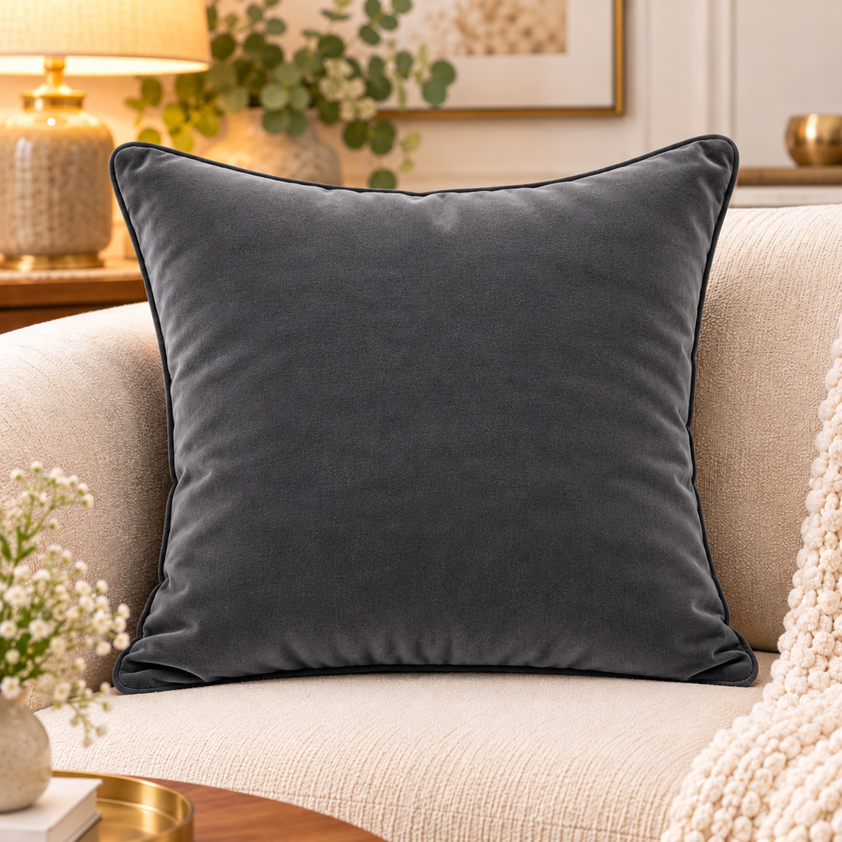 Solid grey velvet cushion cover 18x18 inch, single - main view