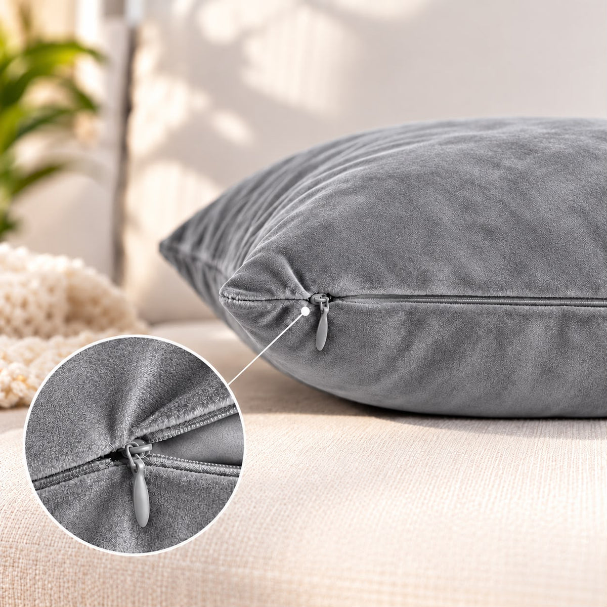 Solid grey velvet cushion cover 18x18 inch, single - hidden zip