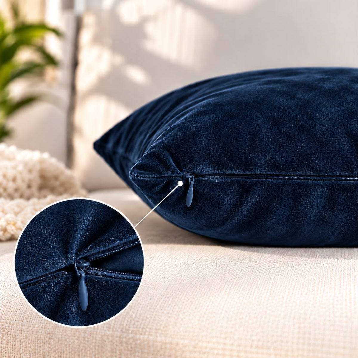 Solid navy blue velvet cushion cover 18x18 inch, single - hidden zip