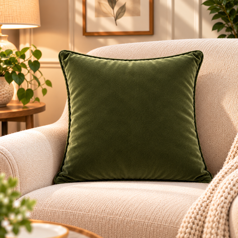 Solid olive velvet cushion cover 18x18 inch, single - main view