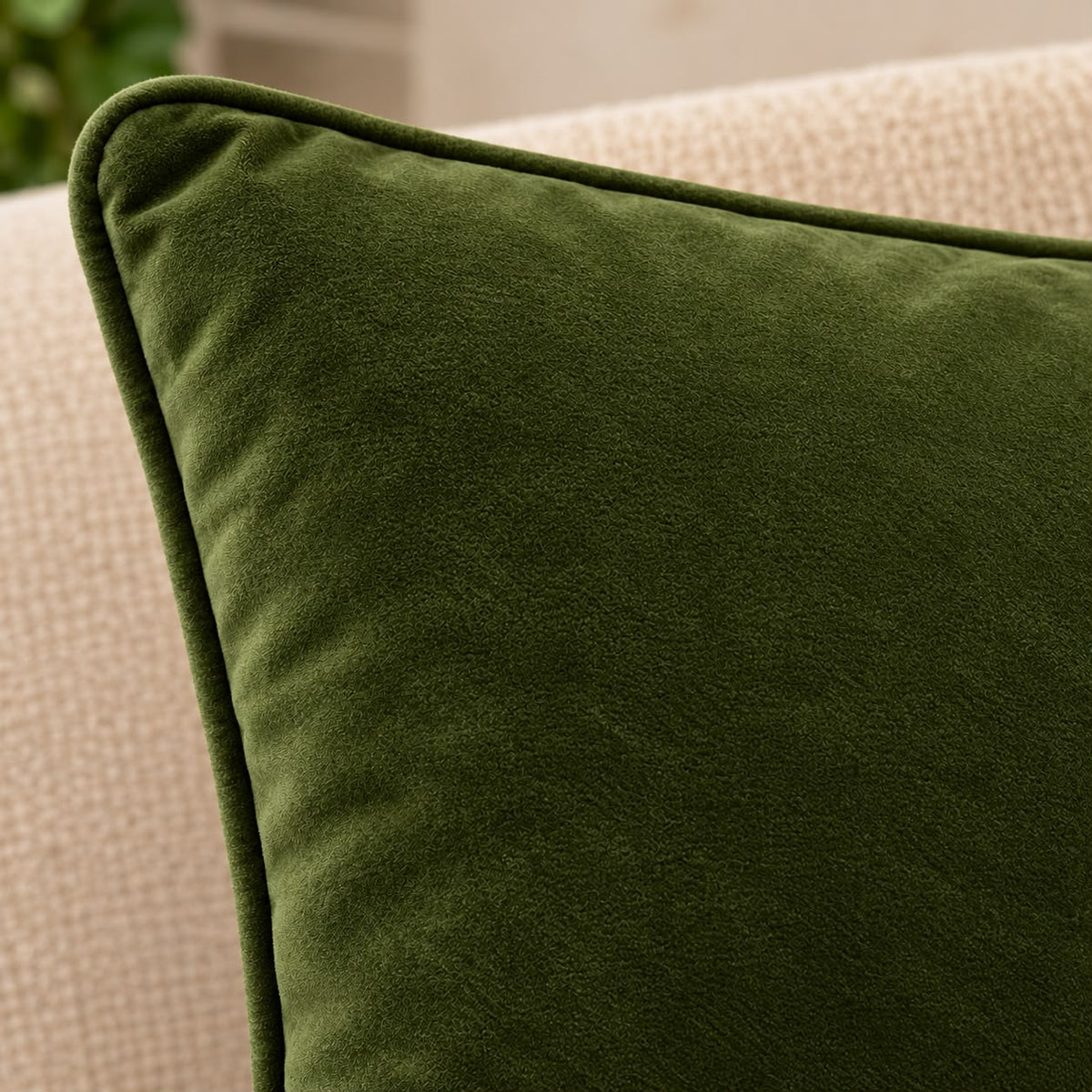 Solid olive velvet cushion cover 18x18 inch, single - close-up