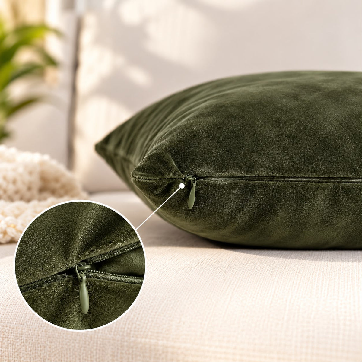 Solid olive velvet cushion cover 18x18 inch, single - hidden zip