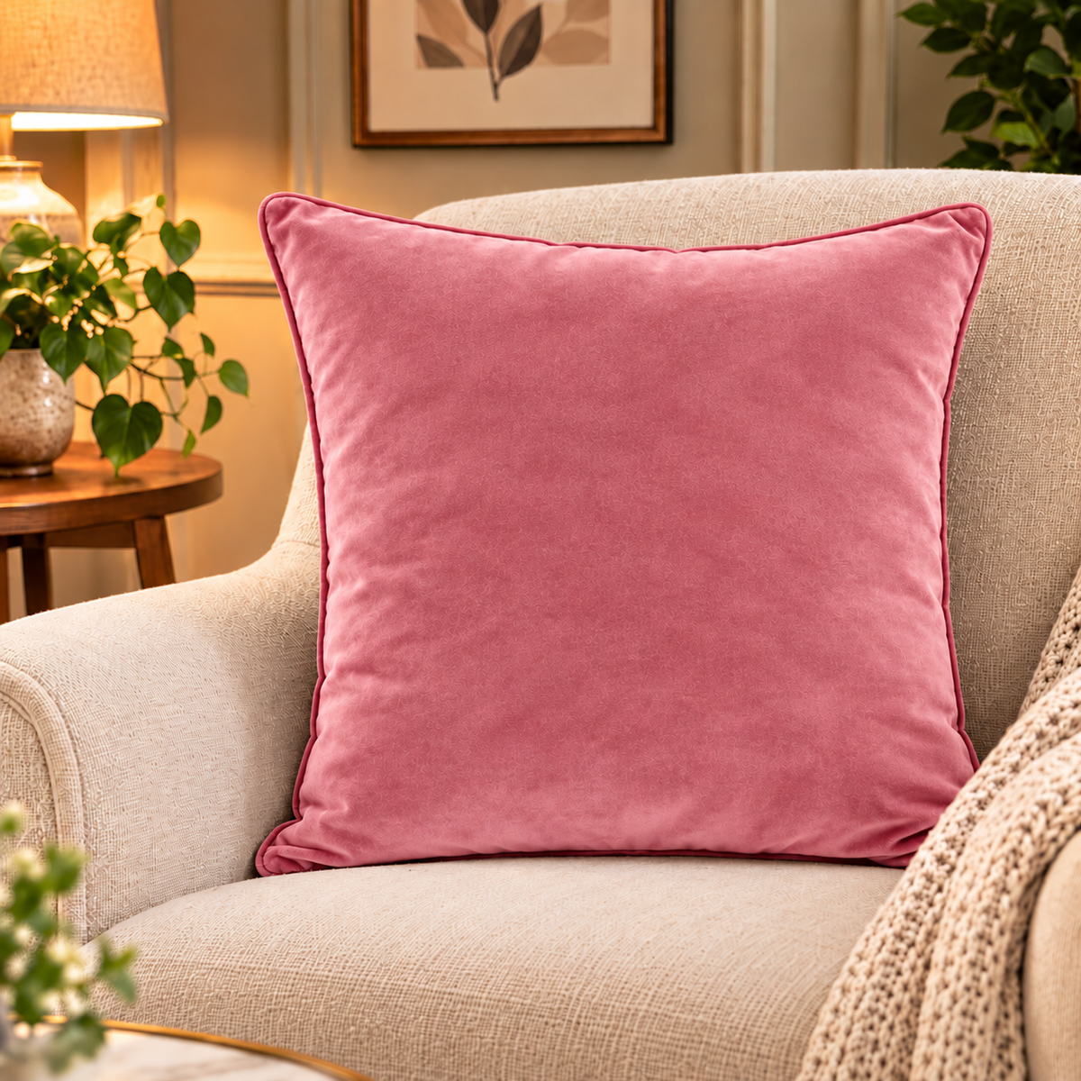 Solid pink velvet cushion cover 18x18 inch, single - main view