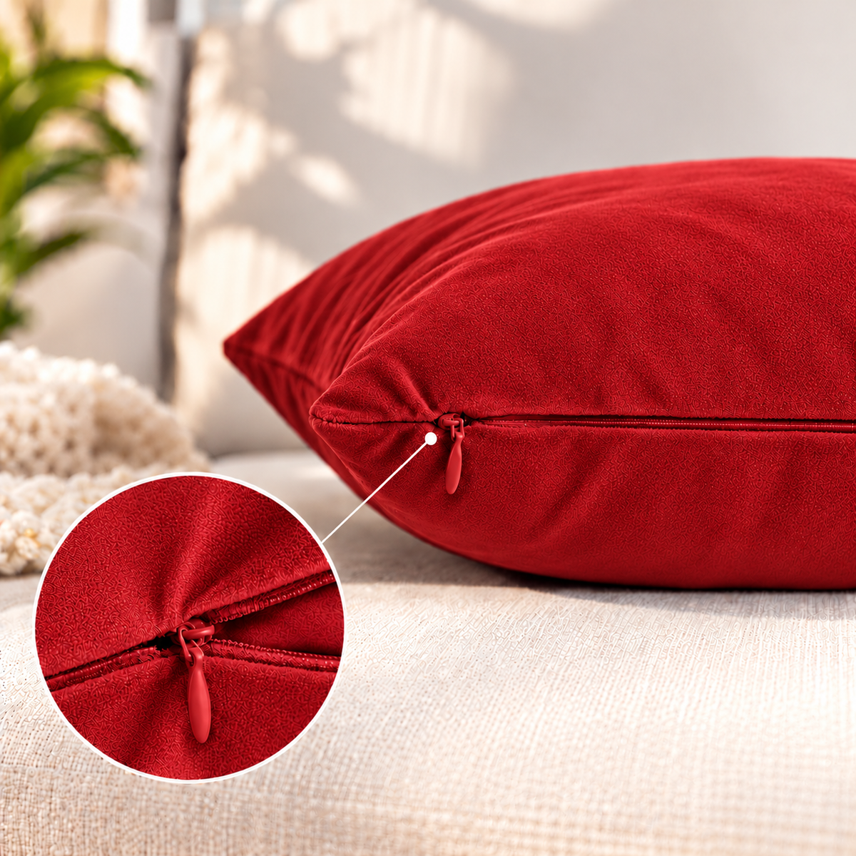 Solid red velvet cushion cover 18x18 inch, single - hidden zip