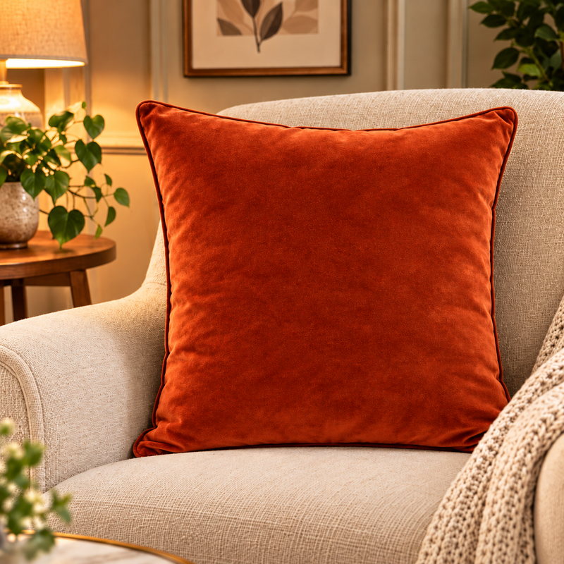 Solid rust orange velvet cushion cover 18x18 inch, single - main view