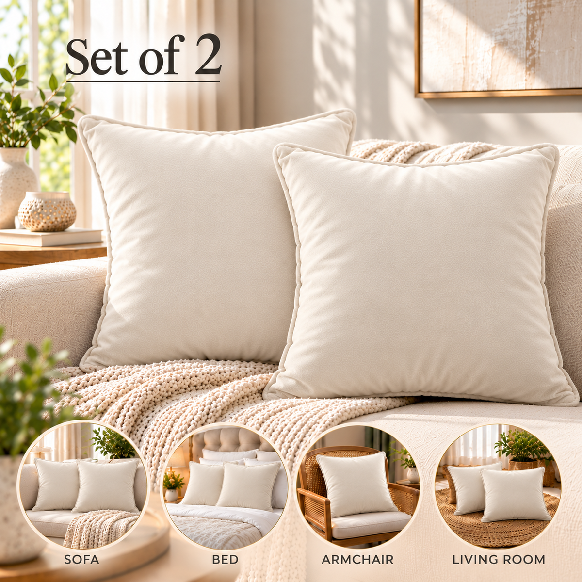 Set of 2 solid beige velvet cushion covers 18x18 inch - main view