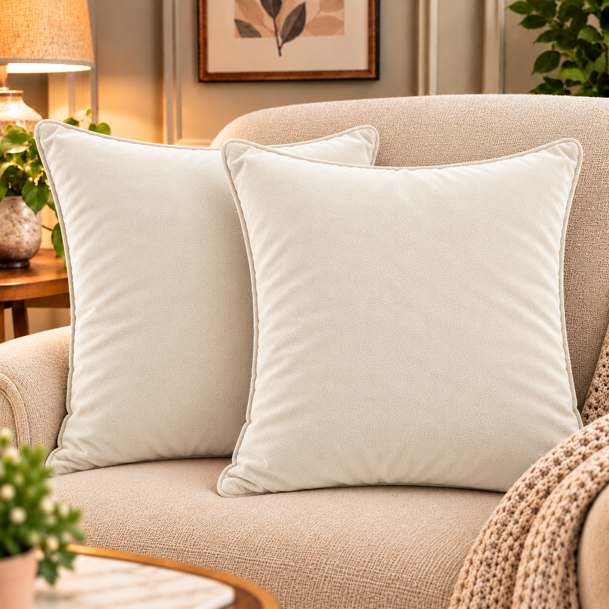 Set of 2 solid beige velvet cushion covers 18x18 inch - lifestyle