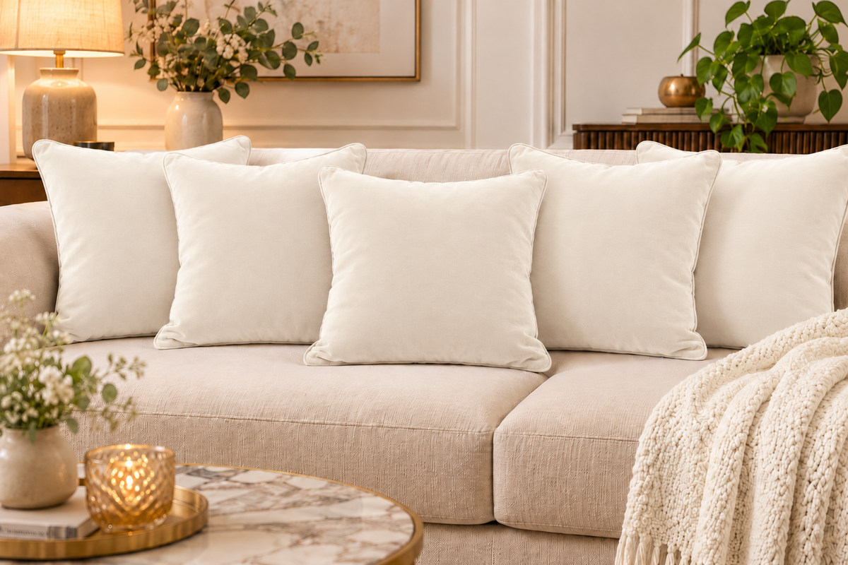 Set of 5 solid beige velvet cushion covers 18x18 inch - main view