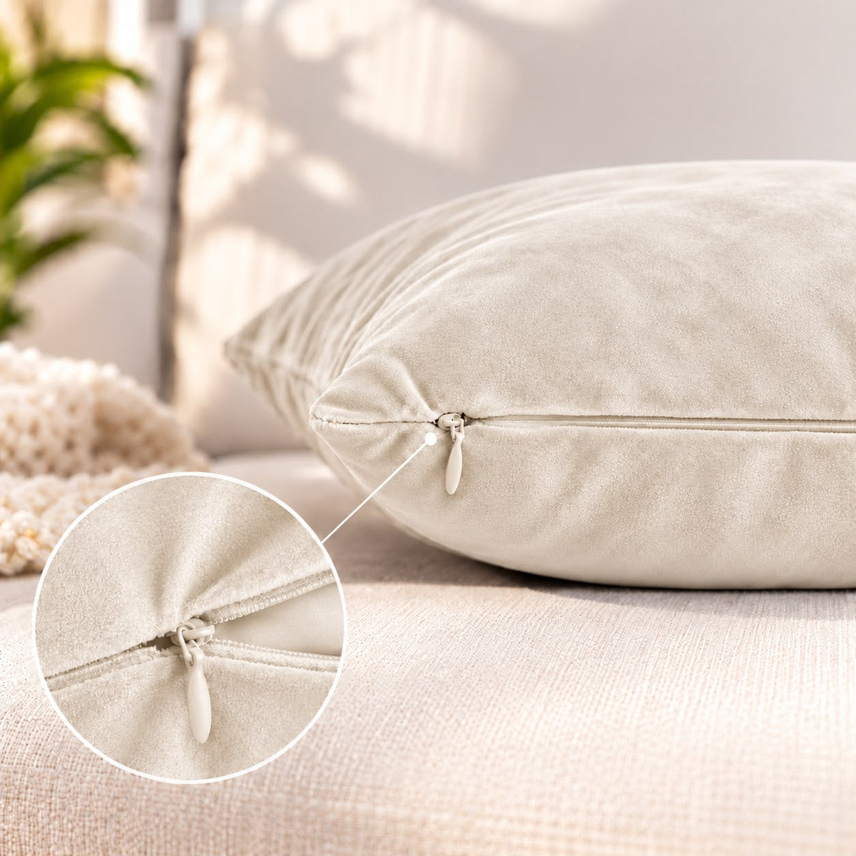 Set of 5 solid beige velvet cushion covers 18x18 inch - hidden zip