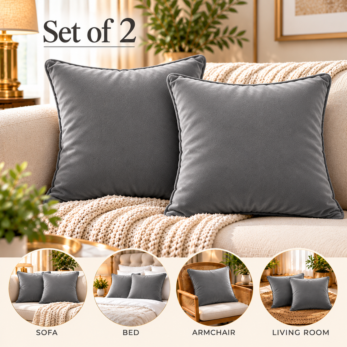 Set of 2 solid grey velvet cushion covers 18x18 inch - main view