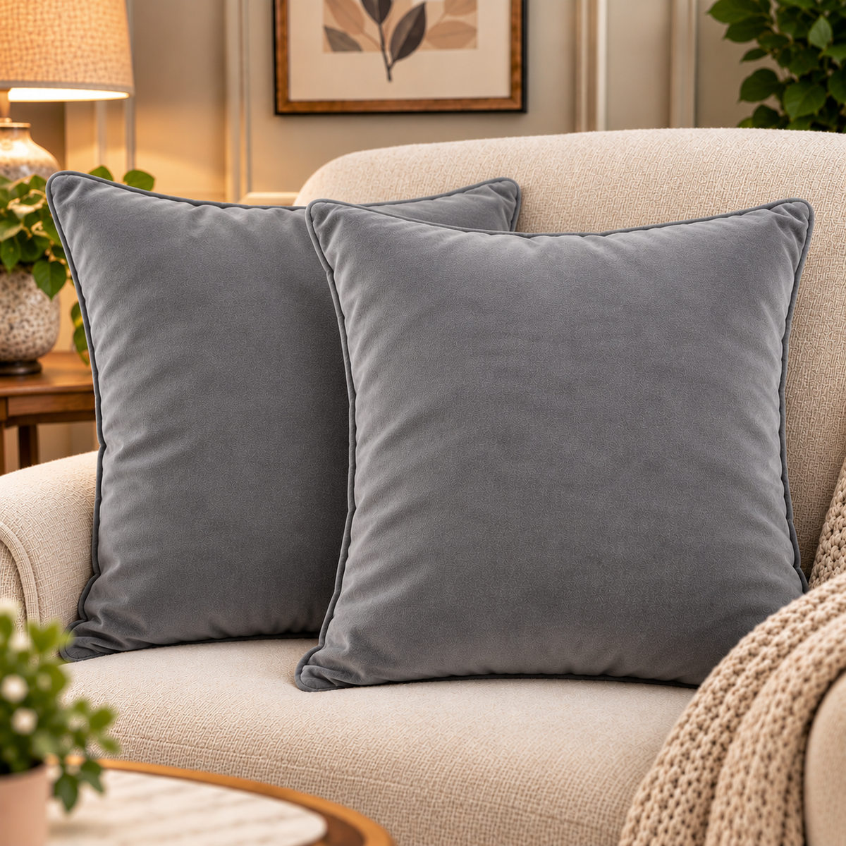 Set of 2 solid grey velvet cushion covers 18x18 inch - lifestyle